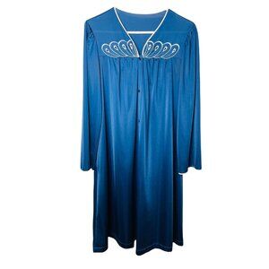 Shadowline Medium Satin Nightgown House Coat Robe Blue Long Floral Embroidered u